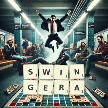 Kreatywna ilustracja do gry w Scrabble ze słowem SWINGERA ułożonym z płytek na planszy.