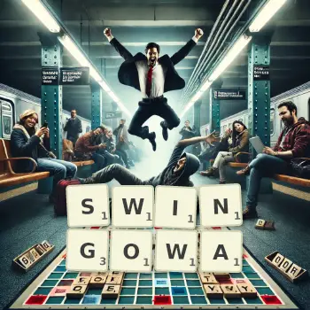 Kreatywna ilustracja do gry w Scrabble ze słowem SWINGOWA ułożonym z płytek na planszy.