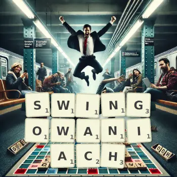 Kreatywna ilustracja do gry w Scrabble ze słowem SWINGOWANIACH ułożonym z płytek na planszy.