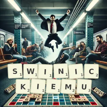 Kreatywna ilustracja do gry w Scrabble ze słowem SWINICKIEMU ułożonym z płytek na planszy.