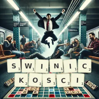 Kreatywna ilustracja do gry w Scrabble ze słowem SWINICKOSCI ułożonym z płytek na planszy.