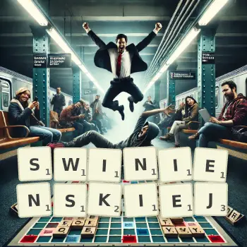 Kreatywna ilustracja do gry w Scrabble ze słowem SWINIENSKIEJ ułożonym z płytek na planszy.