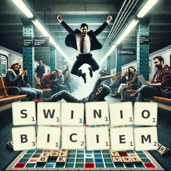 Kreatywna ilustracja do gry w Scrabble ze słowem SWINIOBICIEM ułożonym z płytek na planszy.