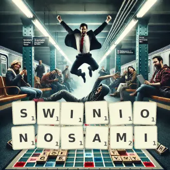 Kreatywna ilustracja do gry w Scrabble ze słowem SWINIONOSAMI ułożonym z płytek na planszy.