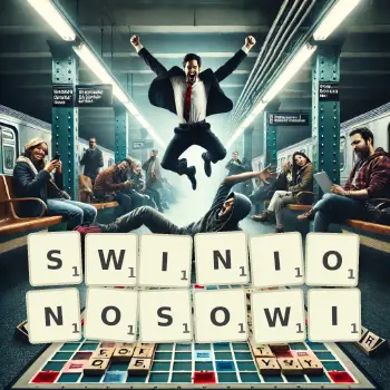 Kreatywna ilustracja do gry w Scrabble ze słowem SWINIONOSOWI ułożonym z płytek na planszy.