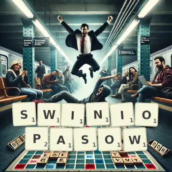 Kreatywna ilustracja do gry w Scrabble ze słowem SWINIOPASOW ułożonym z płytek na planszy.