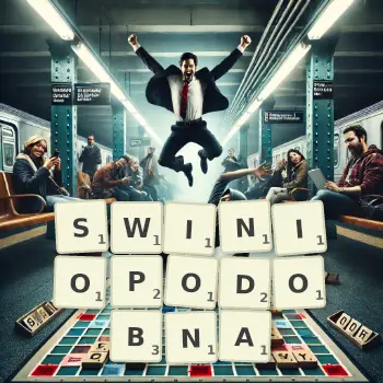 Kreatywna ilustracja do gry w Scrabble ze słowem SWINIOPODOBNA ułożonym z płytek na planszy.