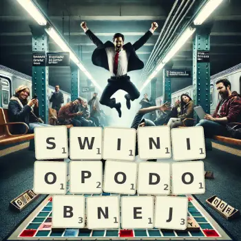 Kreatywna ilustracja do gry w Scrabble ze słowem SWINIOPODOBNEJ ułożonym z płytek na planszy.