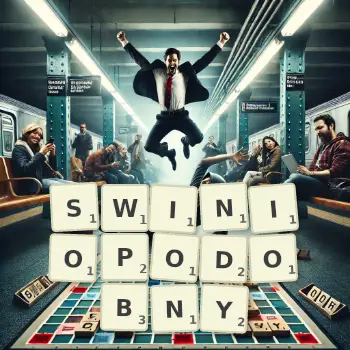 Kreatywna ilustracja do gry w Scrabble ze słowem SWINIOPODOBNY ułożonym z płytek na planszy.