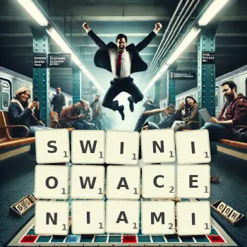 Kreatywna ilustracja do gry w Scrabble ze słowem SWINIOWACENIAMI ułożonym z płytek na planszy.