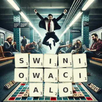 Kreatywna ilustracja do gry w Scrabble ze słowem SWINIOWACIALO ułożonym z płytek na planszy.