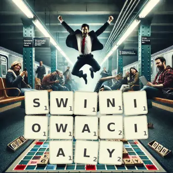 Kreatywna ilustracja do gry w Scrabble ze słowem SWINIOWACIALY ułożonym z płytek na planszy.