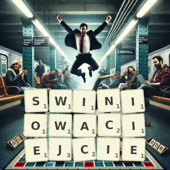 Kreatywna ilustracja do gry w Scrabble ze słowem SWINIOWACIEJCIE ułożonym z płytek na planszy.