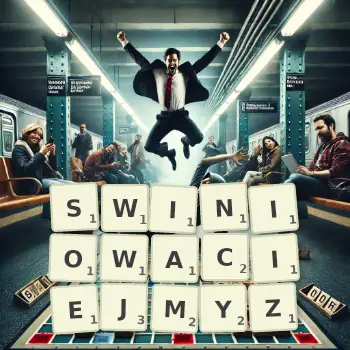 Kreatywna ilustracja do gry w Scrabble ze słowem SWINIOWACIEJMYZ ułożonym z płytek na planszy.