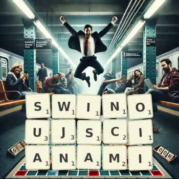 Kreatywna ilustracja do gry w Scrabble ze słowem SWINOUJSCIANAMI ułożonym z płytek na planszy.