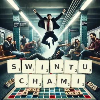 Kreatywna ilustracja do gry w Scrabble ze słowem SWINTUCHAMI ułożonym z płytek na planszy.