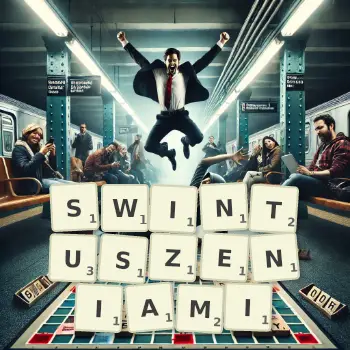 Kreatywna ilustracja do gry w Scrabble ze słowem SWINTUSZENIAMI ułożonym z płytek na planszy.