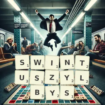 Kreatywna ilustracja do gry w Scrabble ze słowem SWINTUSZYLBYS ułożonym z płytek na planszy.
