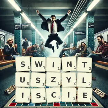 Kreatywna ilustracja do gry w Scrabble ze słowem SWINTUSZYLISCIE ułożonym z płytek na planszy.