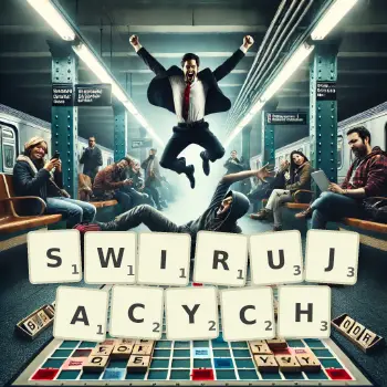 Kreatywna ilustracja do gry w Scrabble ze słowem SWIRUJACYCH ułożonym z płytek na planszy.