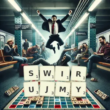 Kreatywna ilustracja do gry w Scrabble ze słowem SWIRUJMY ułożonym z płytek na planszy.