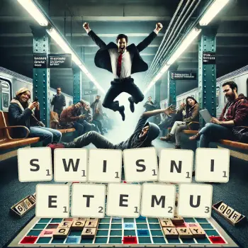 Kreatywna ilustracja do gry w Scrabble ze słowem SWISNIETEMU ułożonym z płytek na planszy.