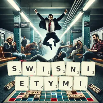 Kreatywna ilustracja do gry w Scrabble ze słowem SWISNIETYMI ułożonym z płytek na planszy.