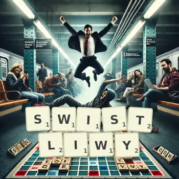 Kreatywna ilustracja do gry w Scrabble ze słowem SWISTLIWY ułożonym z płytek na planszy.