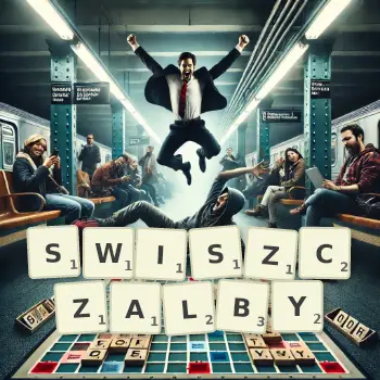 Kreatywna ilustracja do gry w Scrabble ze słowem SWISZCZALBY ułożonym z płytek na planszy.