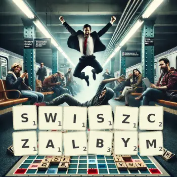 Kreatywna ilustracja do gry w Scrabble ze słowem SWISZCZALBYM ułożonym z płytek na planszy.