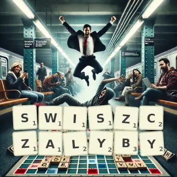 Kreatywna ilustracja do gry w Scrabble ze słowem SWISZCZALYBY ułożonym z płytek na planszy.
