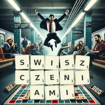 Kreatywna ilustracja do gry w Scrabble ze słowem SWISZCZENIAMI ułożonym z płytek na planszy.