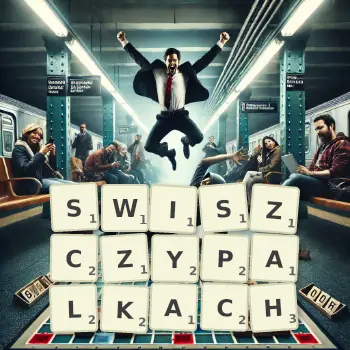 Kreatywna ilustracja do gry w Scrabble ze słowem SWISZCZYPALKACH ułożonym z płytek na planszy.