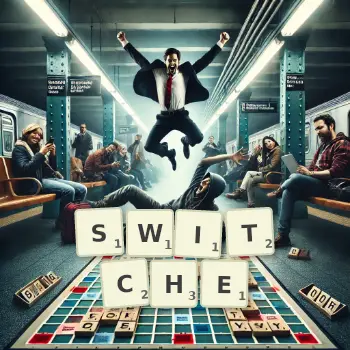 Kreatywna ilustracja do gry w Scrabble ze słowem SWITCHE ułożonym z płytek na planszy.