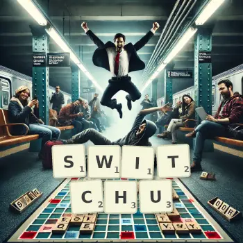 Kreatywna ilustracja do gry w Scrabble ze słowem SWITCHU ułożonym z płytek na planszy.