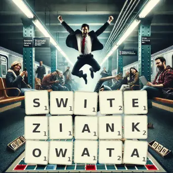 Kreatywna ilustracja do gry w Scrabble ze słowem SWITEZIANKOWATA ułożonym z płytek na planszy.