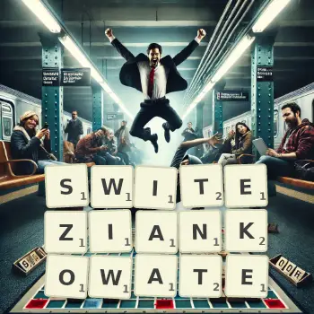 Kreatywna ilustracja do gry w Scrabble ze słowem SWITEZIANKOWATE ułożonym z płytek na planszy.