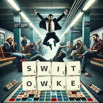 Kreatywna ilustracja do gry w Scrabble ze słowem SWITOWKE ułożonym z płytek na planszy.