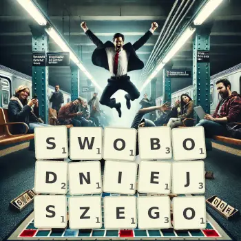 Kreatywna ilustracja do gry w Scrabble ze słowem SWOBODNIEJSZEGO ułożonym z płytek na planszy.