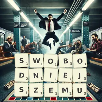 Kreatywna ilustracja do gry w Scrabble ze słowem SWOBODNIEJSZEMU ułożonym z płytek na planszy.