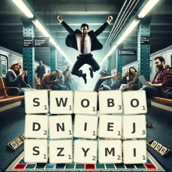 Kreatywna ilustracja do gry w Scrabble ze słowem SWOBODNIEJSZYMI ułożonym z płytek na planszy.