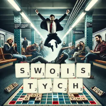 Kreatywna ilustracja do gry w Scrabble ze słowem SWOISTYCH ułożonym z płytek na planszy.