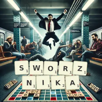 Kreatywna ilustracja do gry w Scrabble ze słowem SWORZNIKA ułożonym z płytek na planszy.