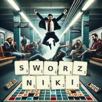 Kreatywna ilustracja do gry w Scrabble ze słowem SWORZNIKI ułożonym z płytek na planszy.