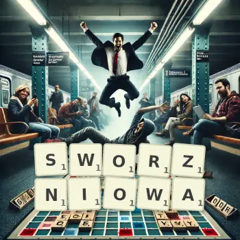 Kreatywna ilustracja do gry w Scrabble ze słowem SWORZNIOWA ułożonym z płytek na planszy.