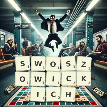 Kreatywna ilustracja do gry w Scrabble ze słowem SWOSZOWICKICH ułożonym z płytek na planszy.