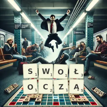 Kreatywna ilustracja do gry w Scrabble ze słowem SWOŁOCZĄ ułożonym z płytek na planszy.