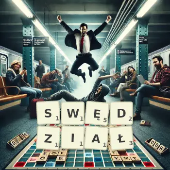 Kreatywna ilustracja do gry w Scrabble ze słowem SWĘDZIAŁ ułożonym z płytek na planszy.