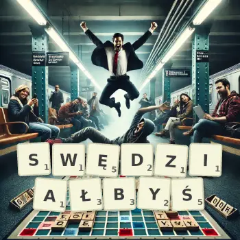 Kreatywna ilustracja do gry w Scrabble ze słowem SWĘDZIAŁBYŚ ułożonym z płytek na planszy.