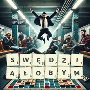 Kreatywna ilustracja do gry w Scrabble ze słowem SWĘDZIAŁOBYM ułożonym z płytek na planszy.